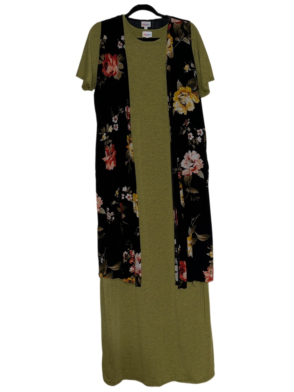 LulaRoe Olive Maxi Dress with Floral Vest Size Large